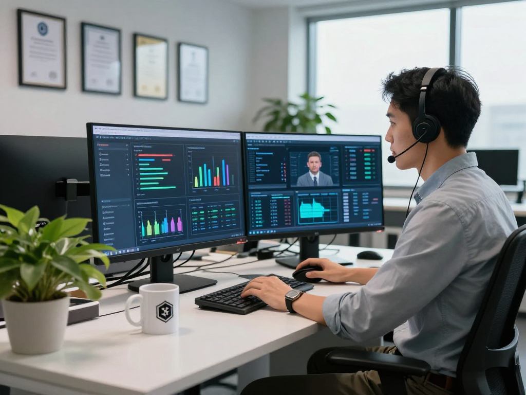 Daten- und IT-Sicherheit Dienstleistung in a modern office environment with cybersecurity specialist analyzing threat data.