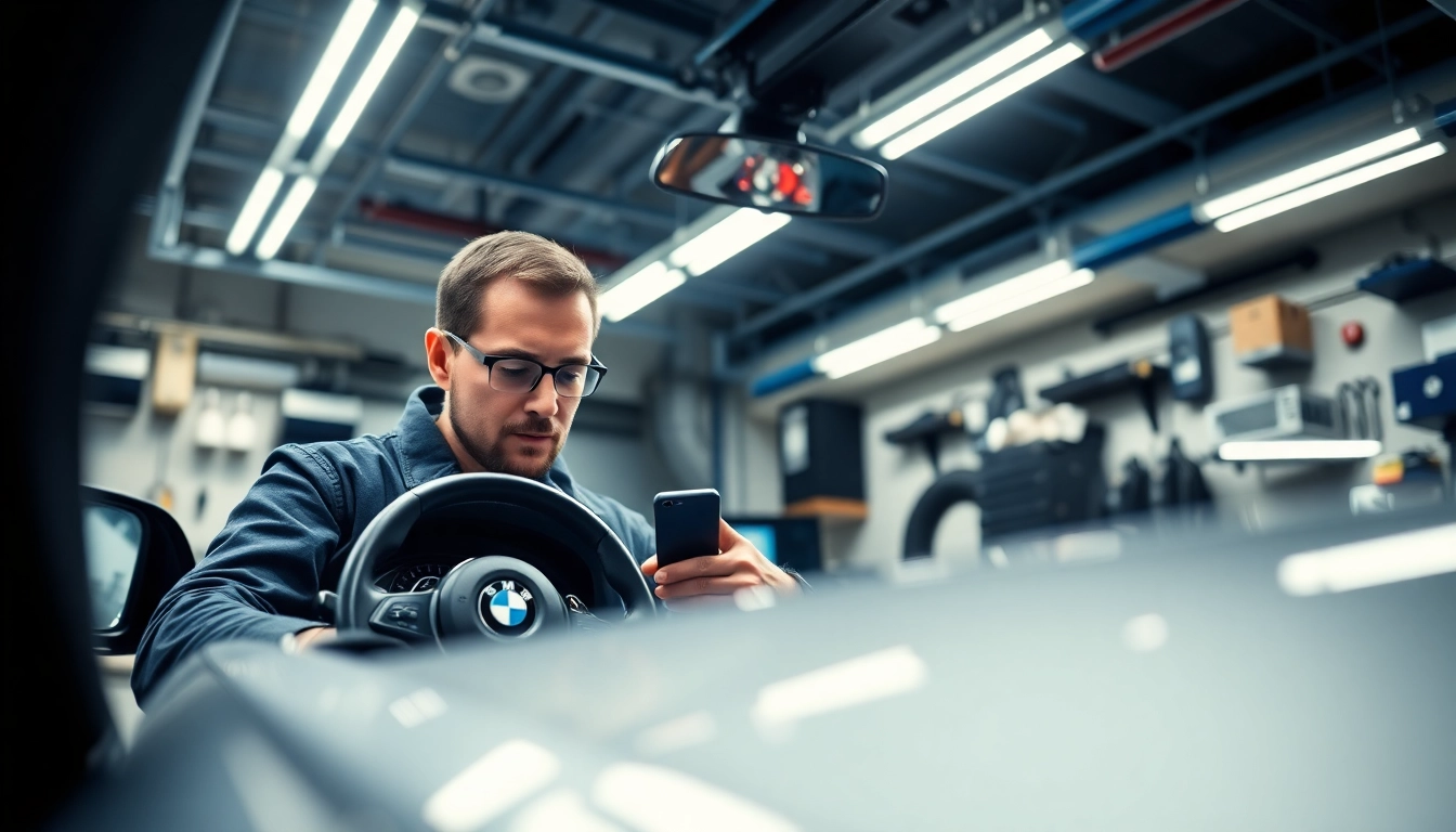 BMW Codierung: Techniker optimiert BMW mit modernen Werkzeugen in einer Werkstatt.