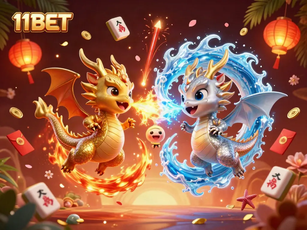 Unleash your luck with 11BET as golden and silver dragons battle amid vibrant casino elements and colorful celebrations.