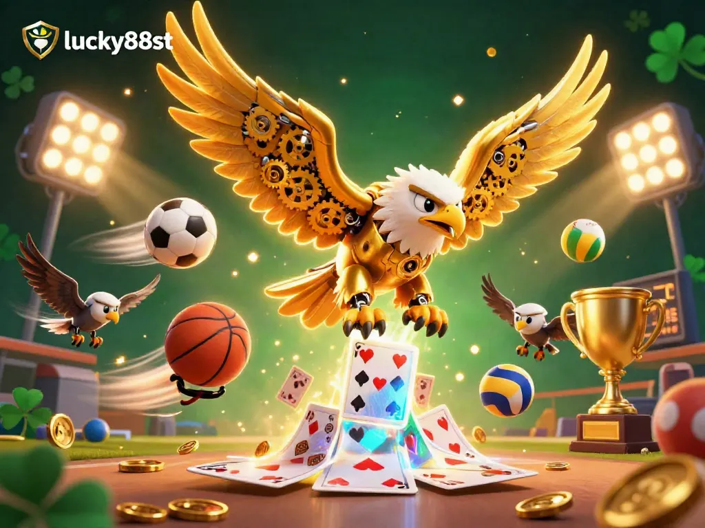 Experience thrilling gameplay at lucky88st with golden eagle and dynamic sports elements in a vibrant casino scene.