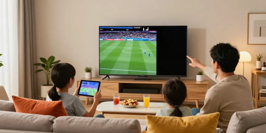 Family enjoying IPTV anbieter watching sports live in 4K at home