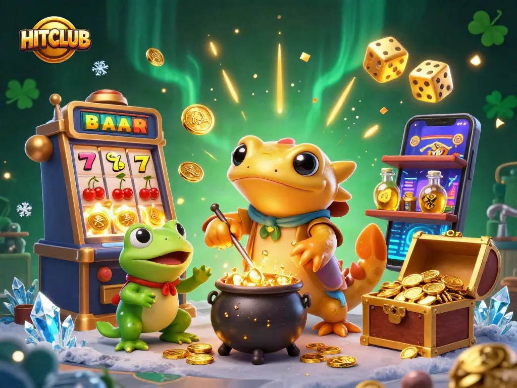 Experience thrilling gameplay at HITCLUB with golden coins flying from slot machines and vibrant casino elements.