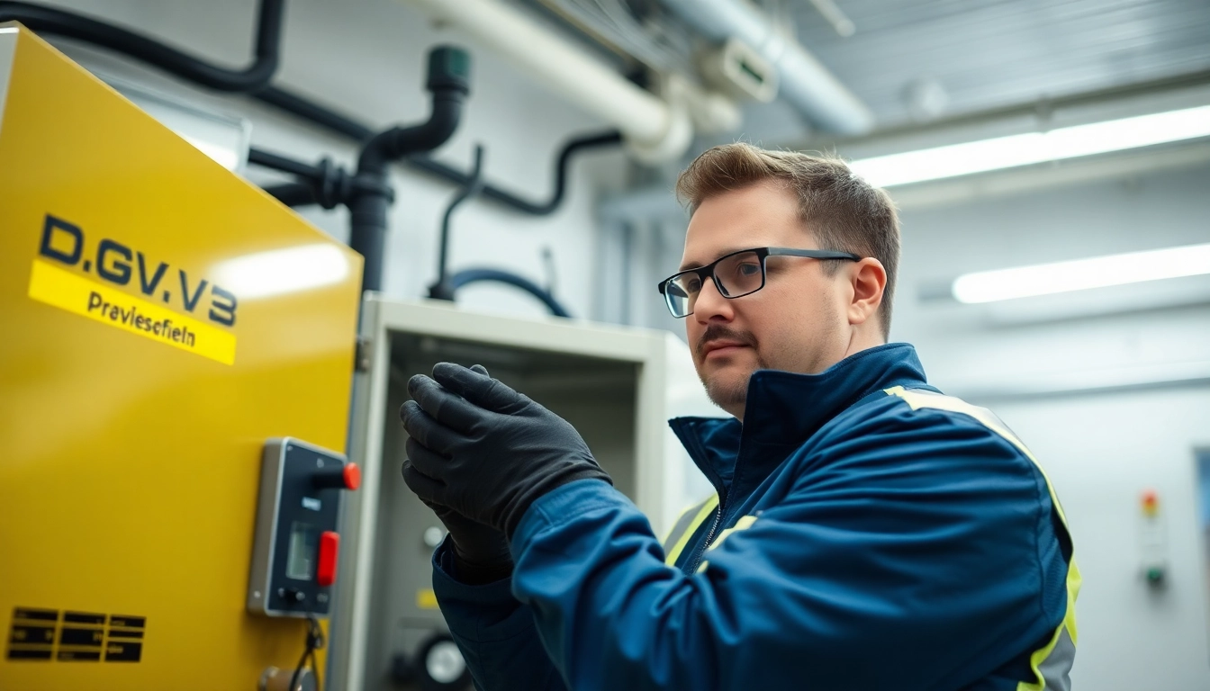 Technician conducting a DGUV V3 Prüfung on electrical equipment, ensuring workplace safety.
