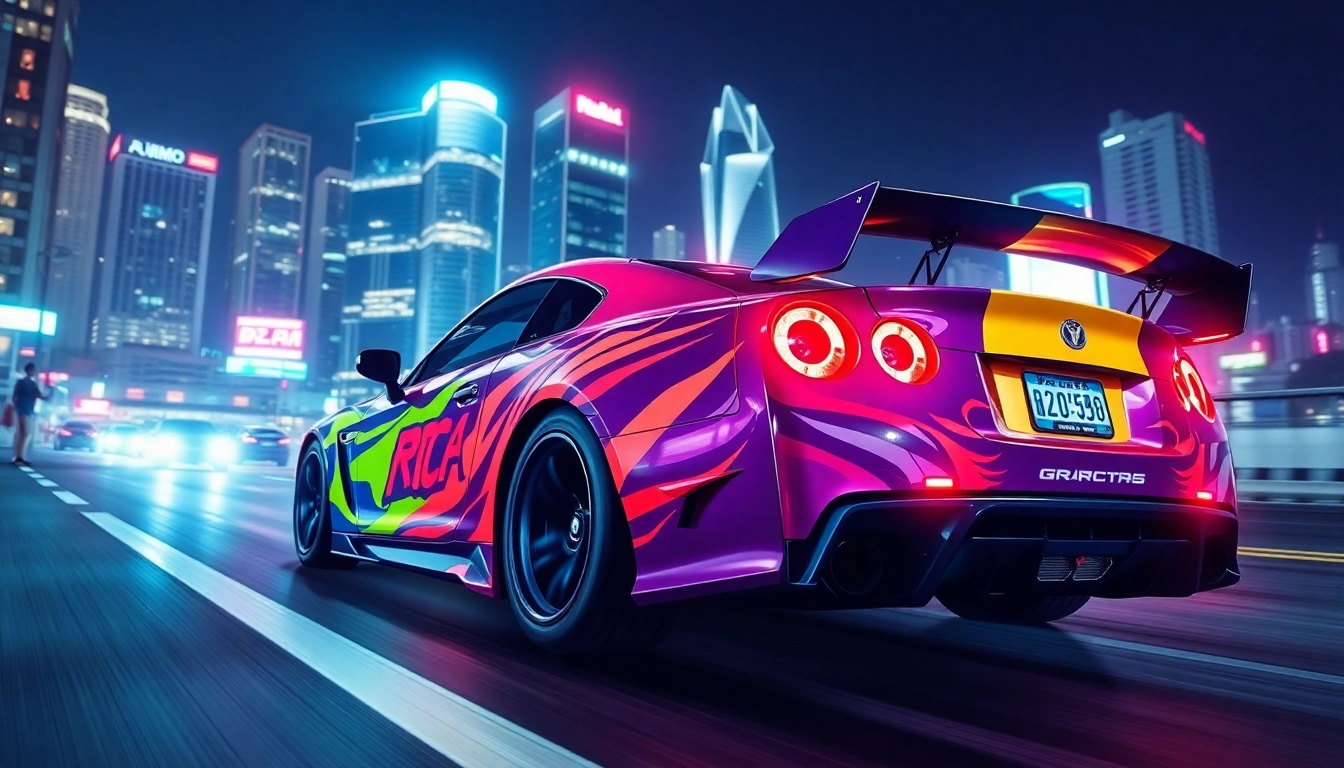 Showcase an auto anime scene featuring a racing car with bold graphics in a vibrant city at night.