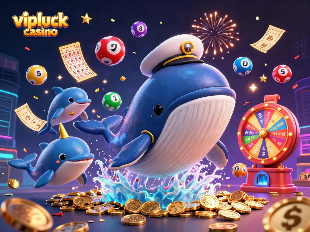 Experience the excitement of vipluck casino with a vibrant 3D illustration featuring a whale and fun casino elements.