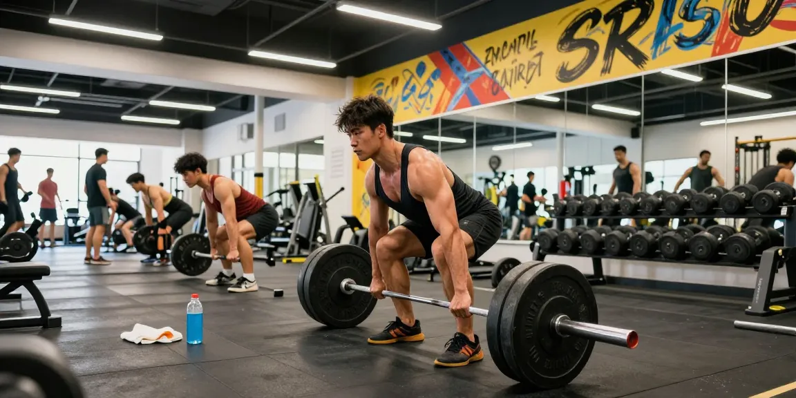Körperbuilder hebt Gewichte in einem lebhaften Fitnessstudio und demonstriert Steroidshop-Produkte für effektiven Muskelaufbau.