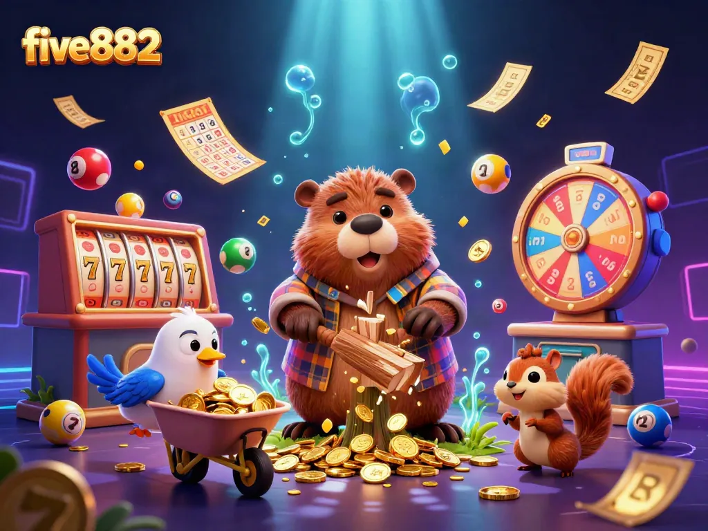 Experience the excitement of five882 with vibrant colors and dynamic gaming elements in a lively casino scene.