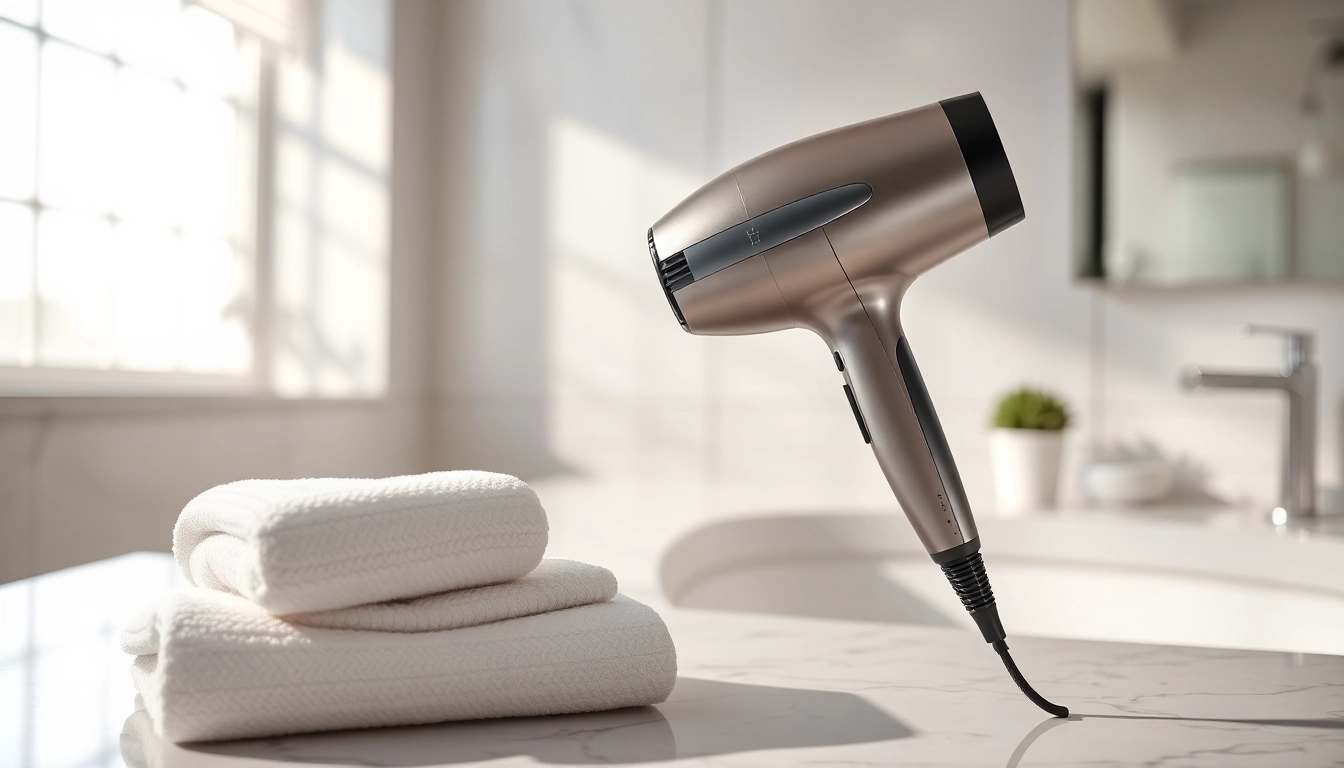 Laifen swift hair dryer elegantly displayed in a bright bathroom setting.