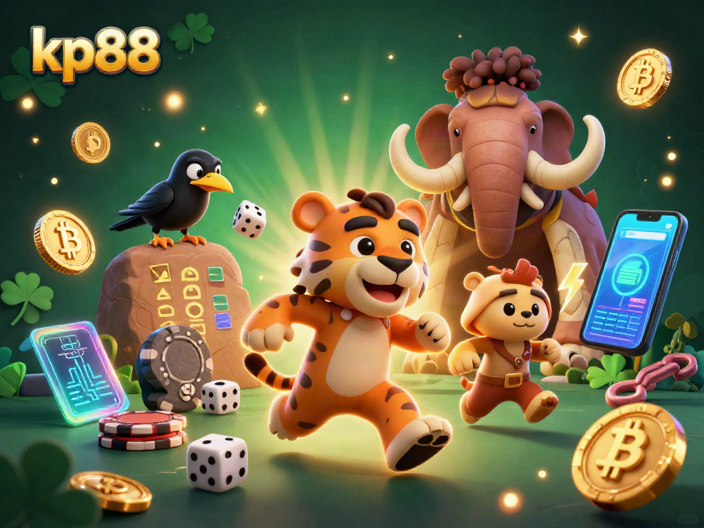 Experience thrilling gameplay at kp88 with a dynamic prehistoric casino scene, featuring engaging characters and rich elements.