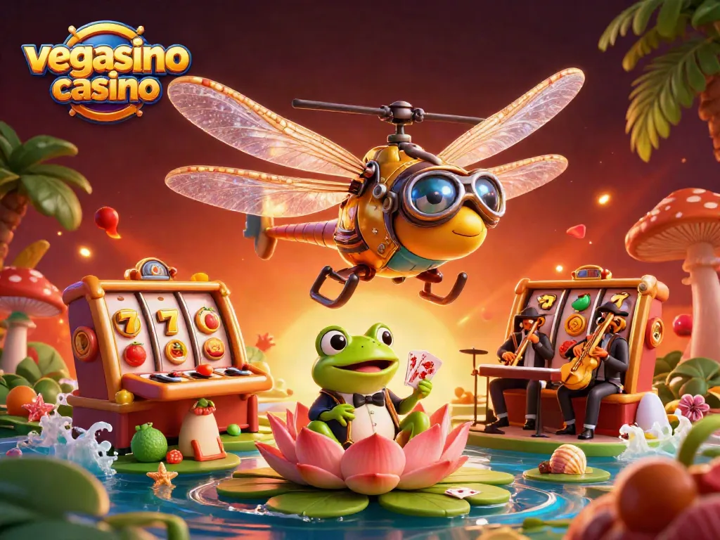 Experience the excitement of vegasino casino with a vibrant 3D illustration of a dragonfly pilot and frog croupier.