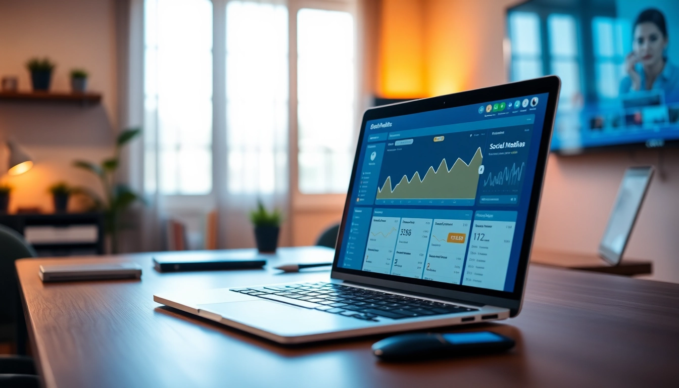 Visualize a social-media-marketingstrategie in action with a laptop showcasing analytics and metrics.