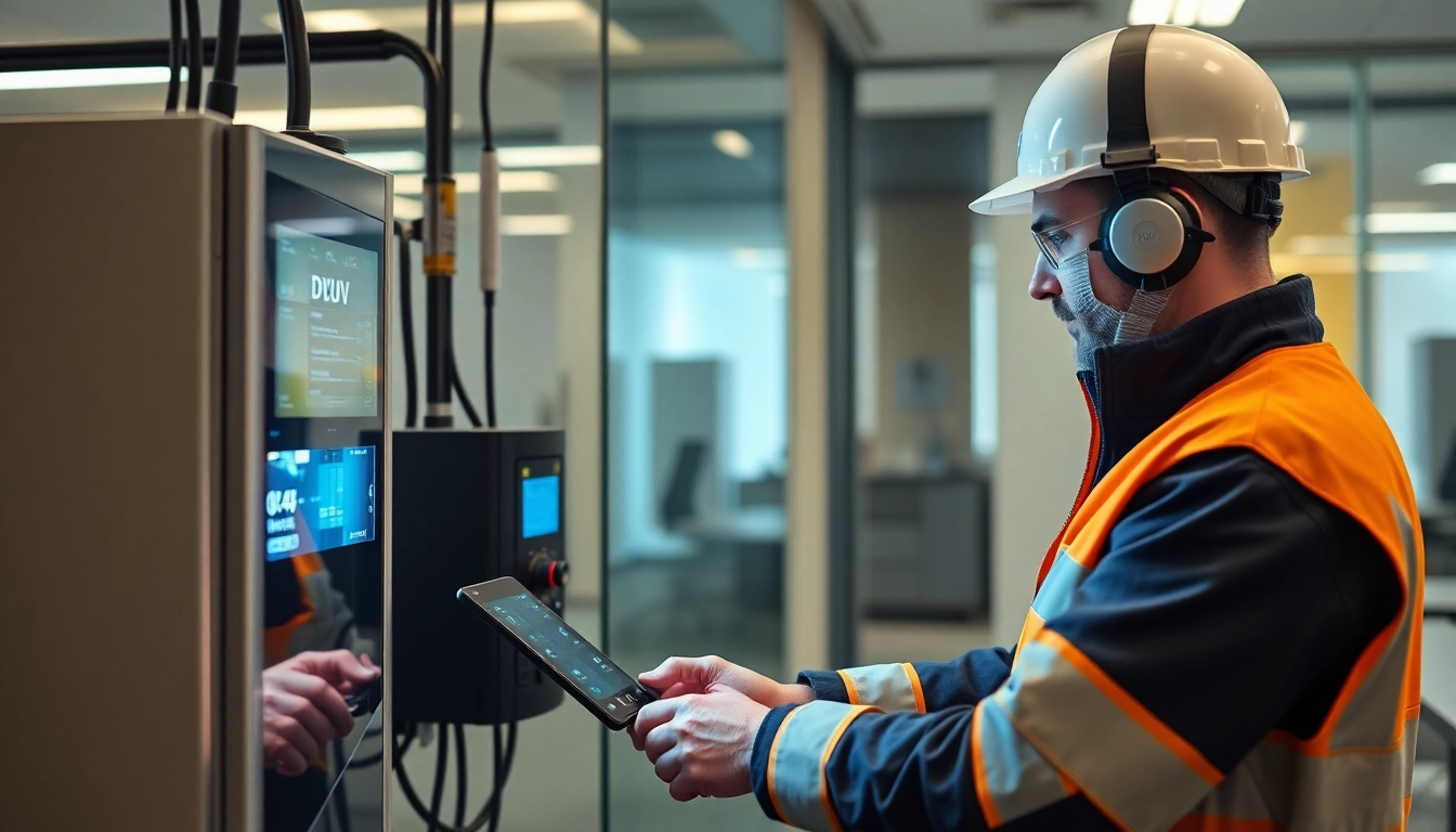 Techniker führt die DGUV V3 Prüfung an einem elektrischen Gerät durch und gewährleistet Sicherheit am Arbeitsplatz.