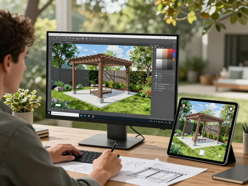 Software für Pergola-Installateure, präsentiert in einem Gartendesign-Setting mit 3D-Modellierungswerkzeugen für die individuelle Pergola-Erstellung.