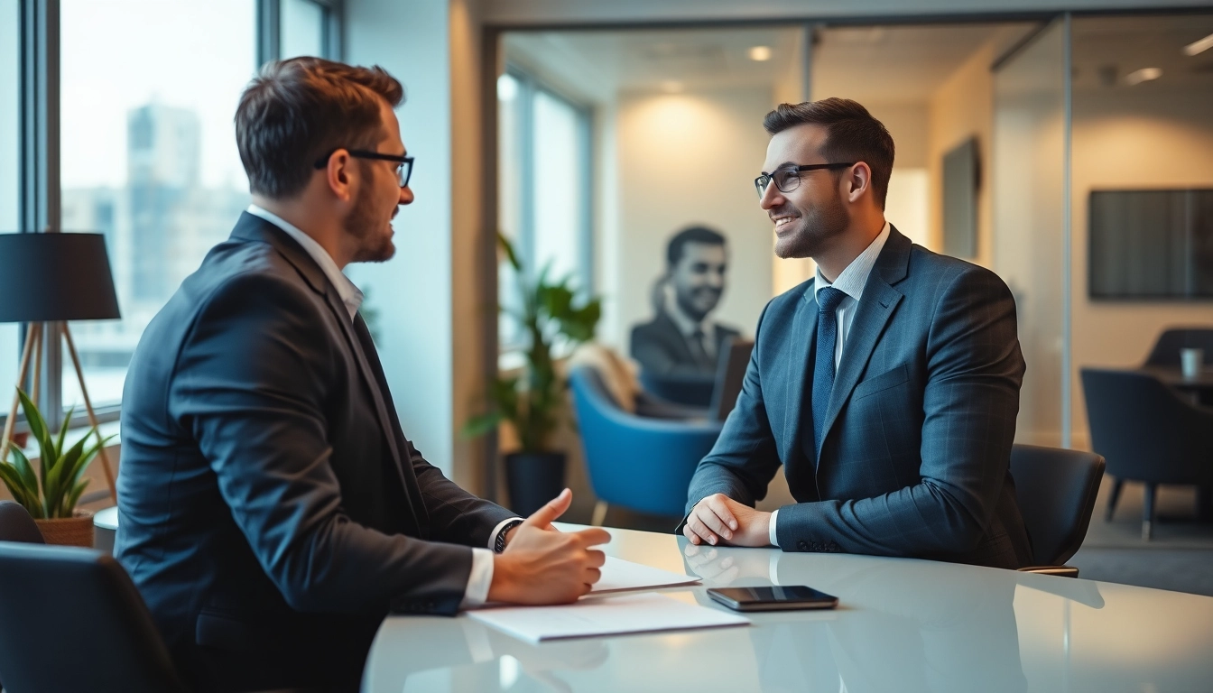 Headhunter in einem professionellen Interview, zeigt engagierte Körpersprache und Fokus auf den Kandidaten.
