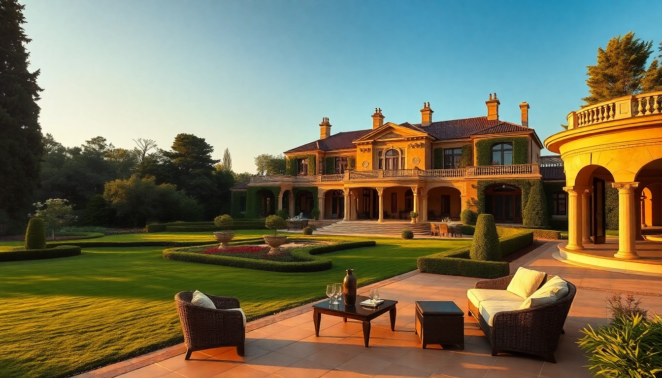 Experience luxury in a stunning villa with elegant architecture surrounded by lush gardens.