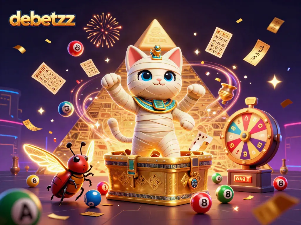 Engage with debetzz in this vibrant 3D illustration featuring a lively casino scene with a mummy cat and glowing scarab.