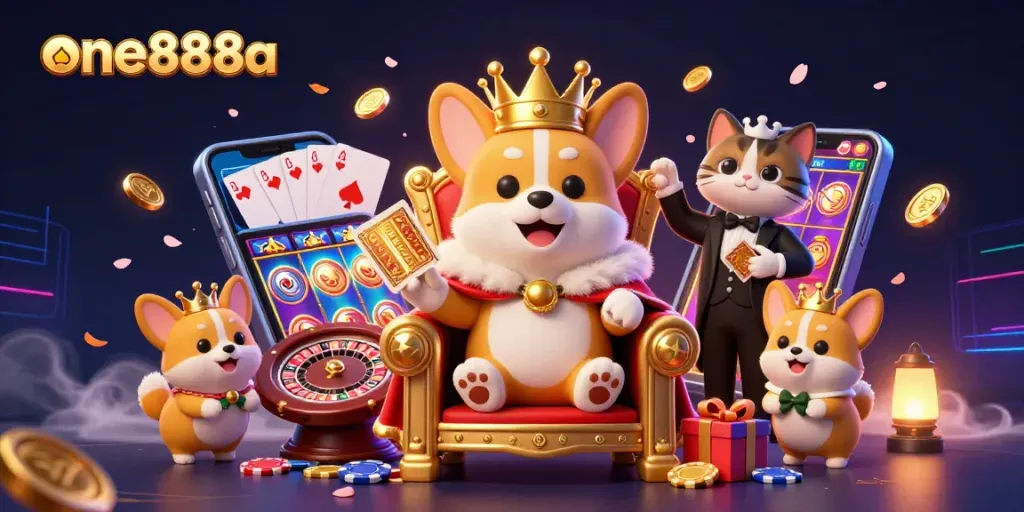 Experience thrilling gameplay at one888a with our dynamic casino characters amidst vibrant slot games and action-packed casino elements.