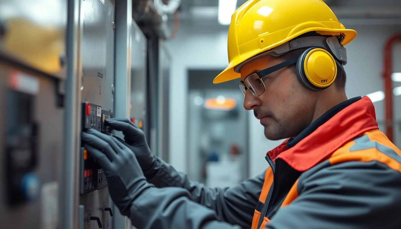 Technician performing DGUV V3 Prüfung on electrical equipment, ensuring workplace safety during inspections.