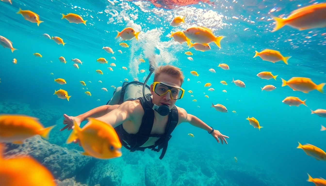Tauchen in Mexiko: Taucher erkundet das karibische Wasser mit bunten Korallen und tropischen Fischen.