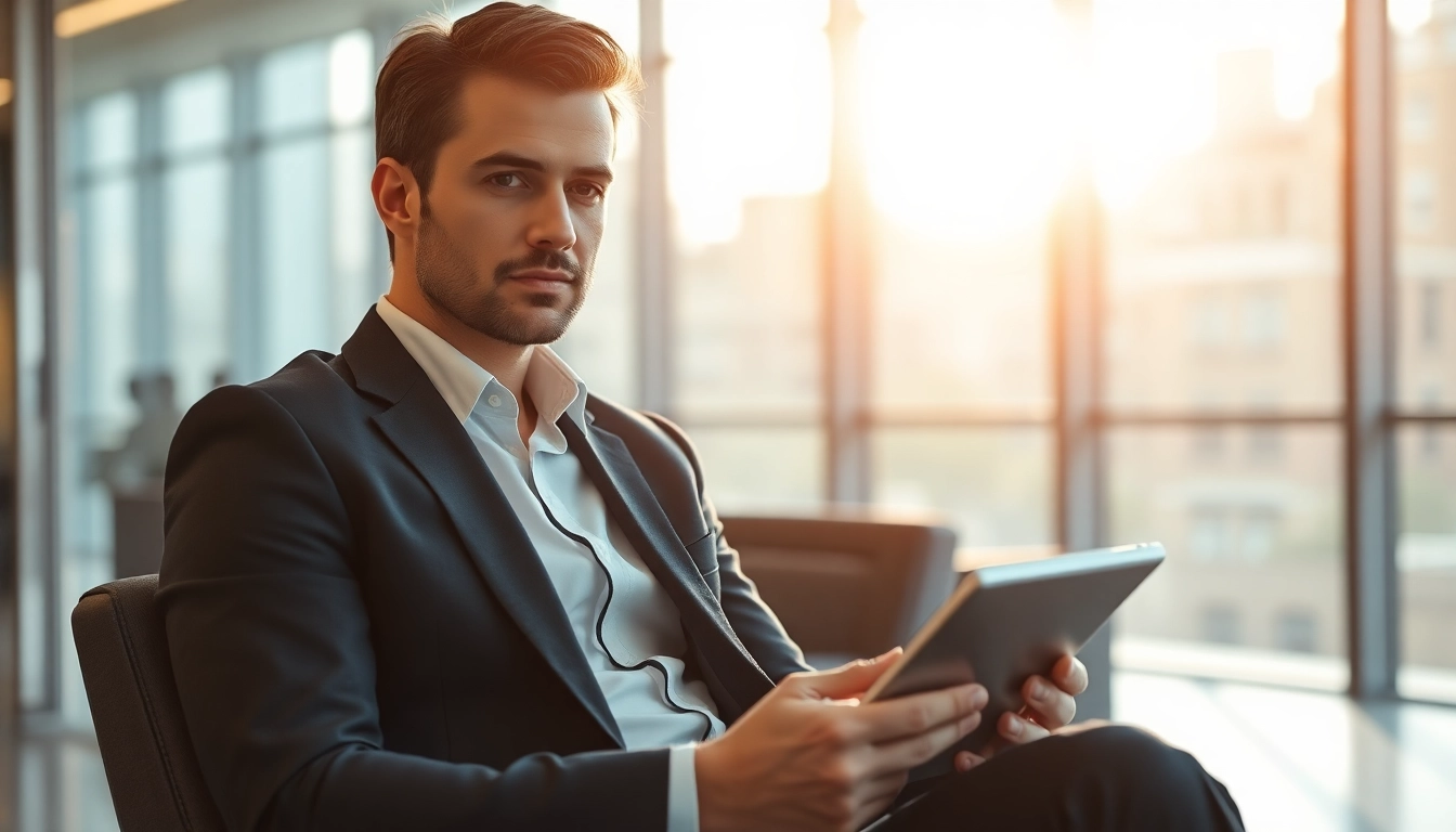 Headhunter im Büro hält Tablet und sieht konzentriert aus.
