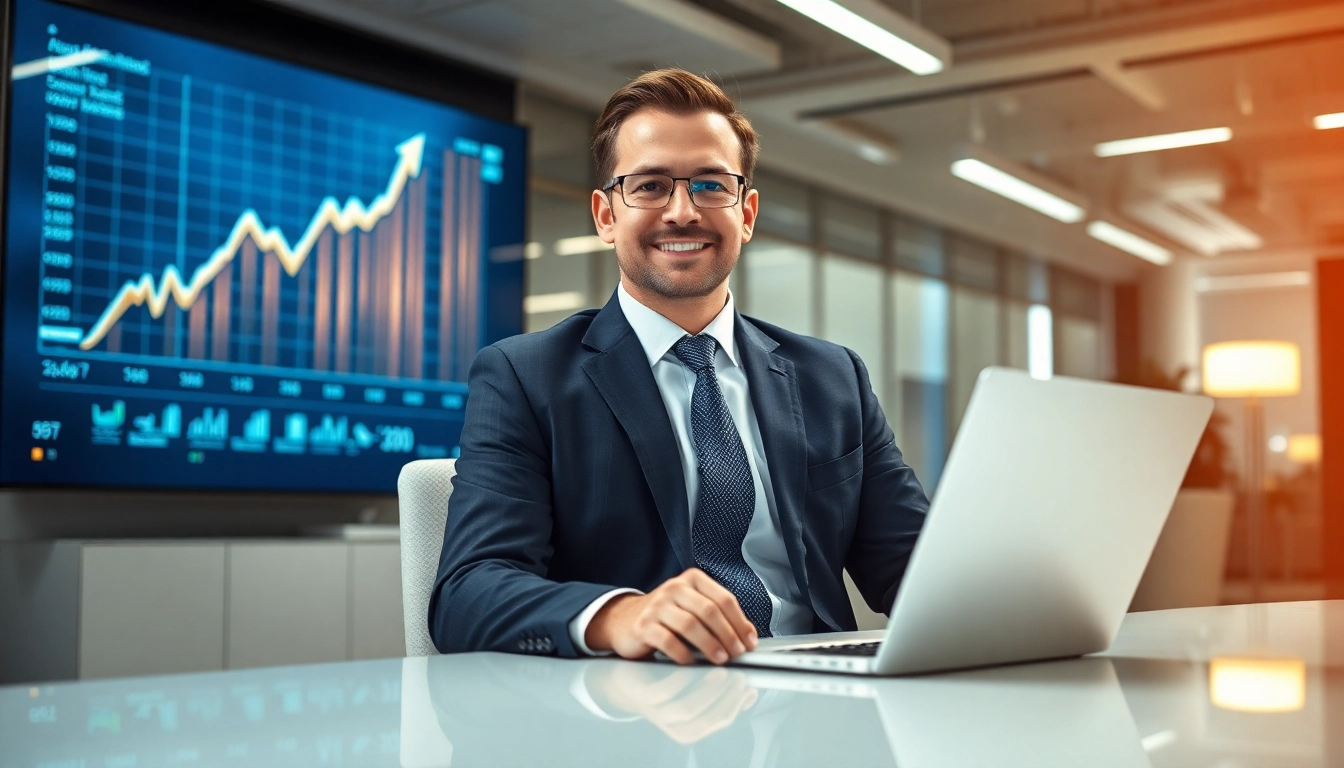 Headhunter CEO sitzt in modernem Büro und analysiert Unternehmenszahlen.