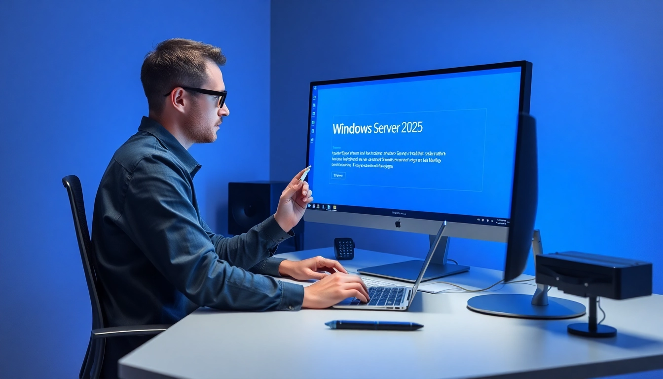 Technischer Experte, der die Windows Server 2025 Installationsanleitung auf einem Computer betrachtet.