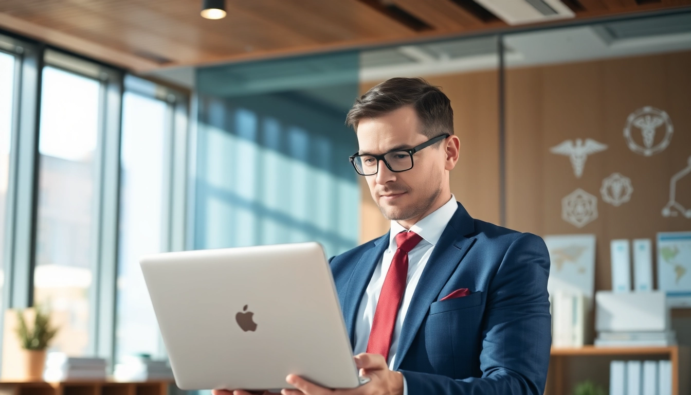 Professioneller Headhunter Gesundheitswesen arbeitet konzentriert am Laptop in elegantem Büro.
