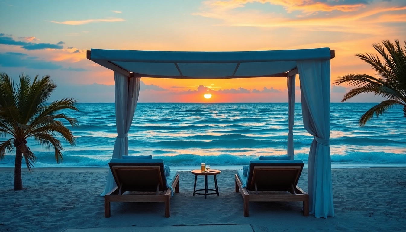 Entdecken Sie den idyllischen coastal cabana am Strand, umgeben von Palmen und erfrischenden Getränken.