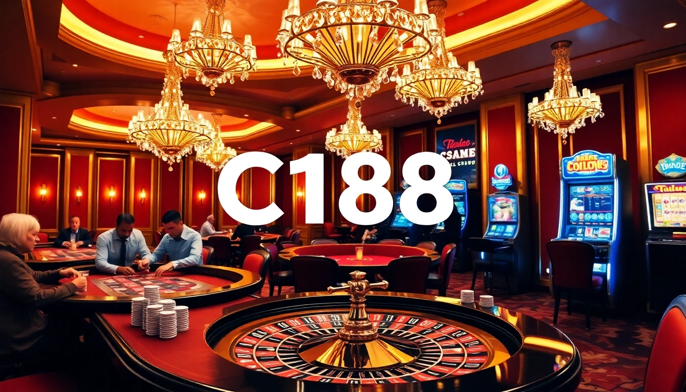 C168 casino scene showcasing excited players at roulette and poker tables in a luxurious environment.