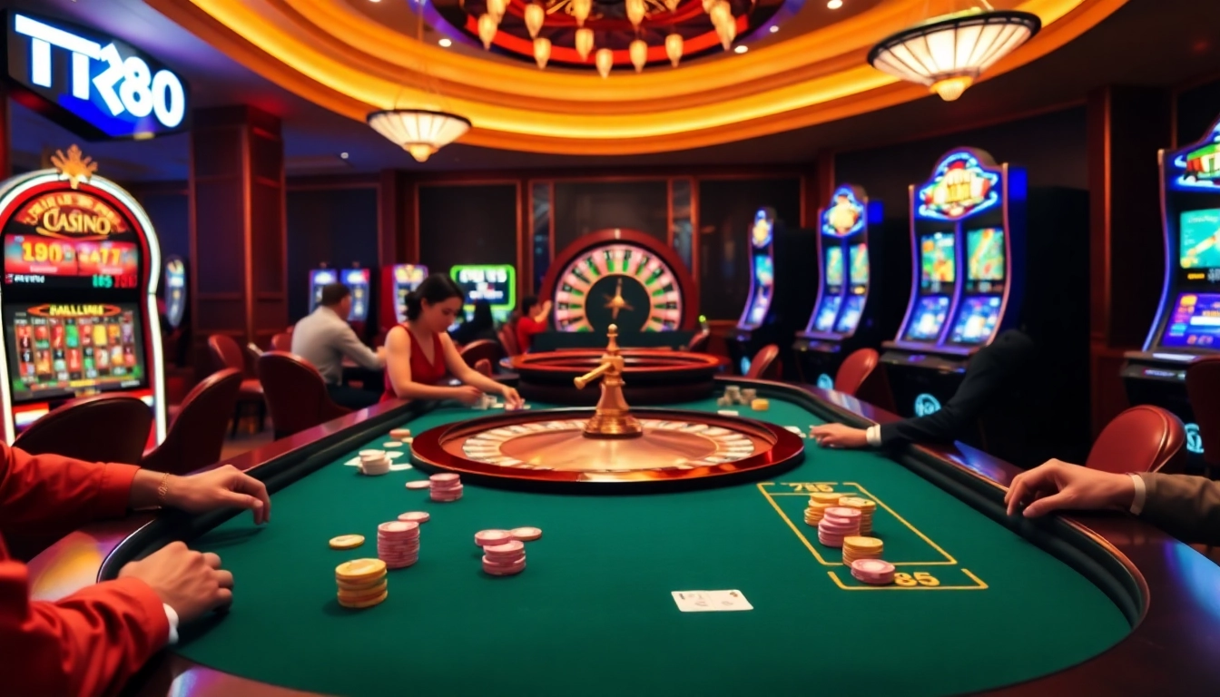 Experience the thrill of TT88 online gambling with a vibrant casino scene featuring gaming tables and slot machines.