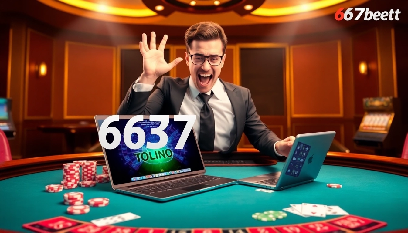 Engage with the exciting 667bet Login interface amidst a vibrant casino setting, showcasing online gambling action.