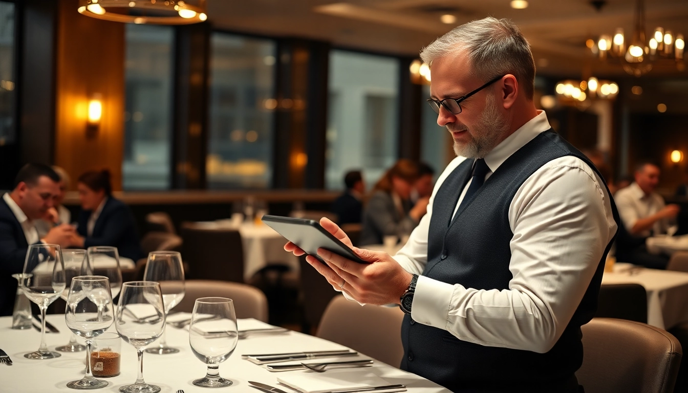 Headhunter Gastronomie berät Gastronom über Kandidatenprofil in elegantem Restaurant.