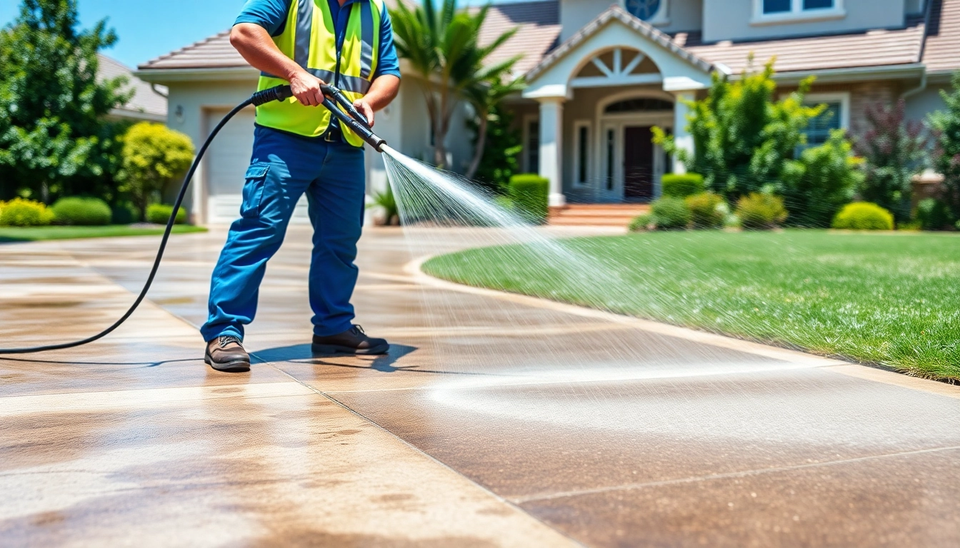 Driveway pressure wash in action by a professional technician, showcasing a clean transformation.