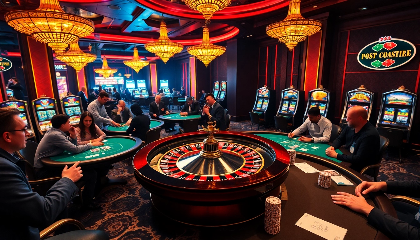 Exciting casino scene featuring strategic gameplay at https://topclub.website/ with players and roulette table.