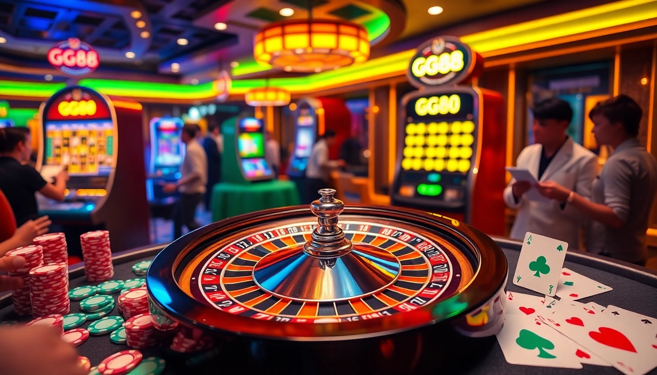 Excited players engaging with the GG88 roulette wheel in a vibrant casino setting.