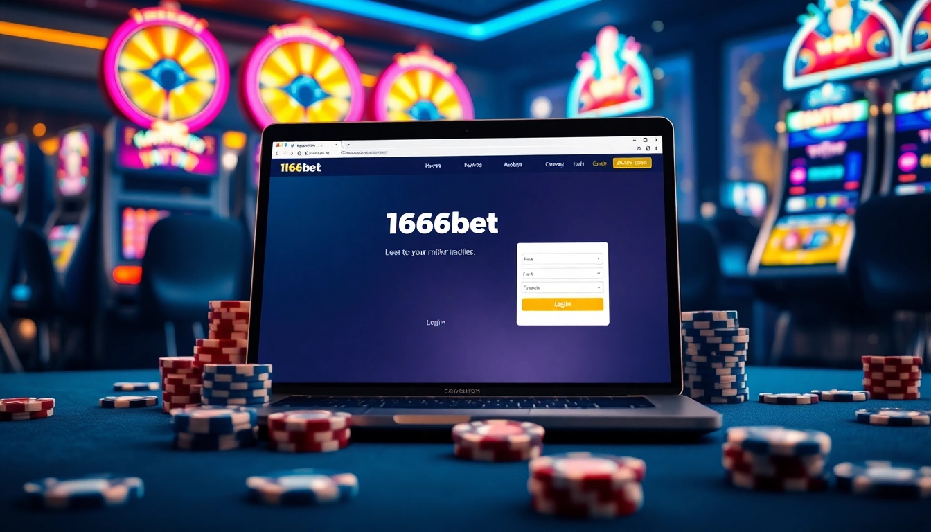 Login to 166bet, featuring an engaging online gambling interface surrounded by poker chips and slot machines.