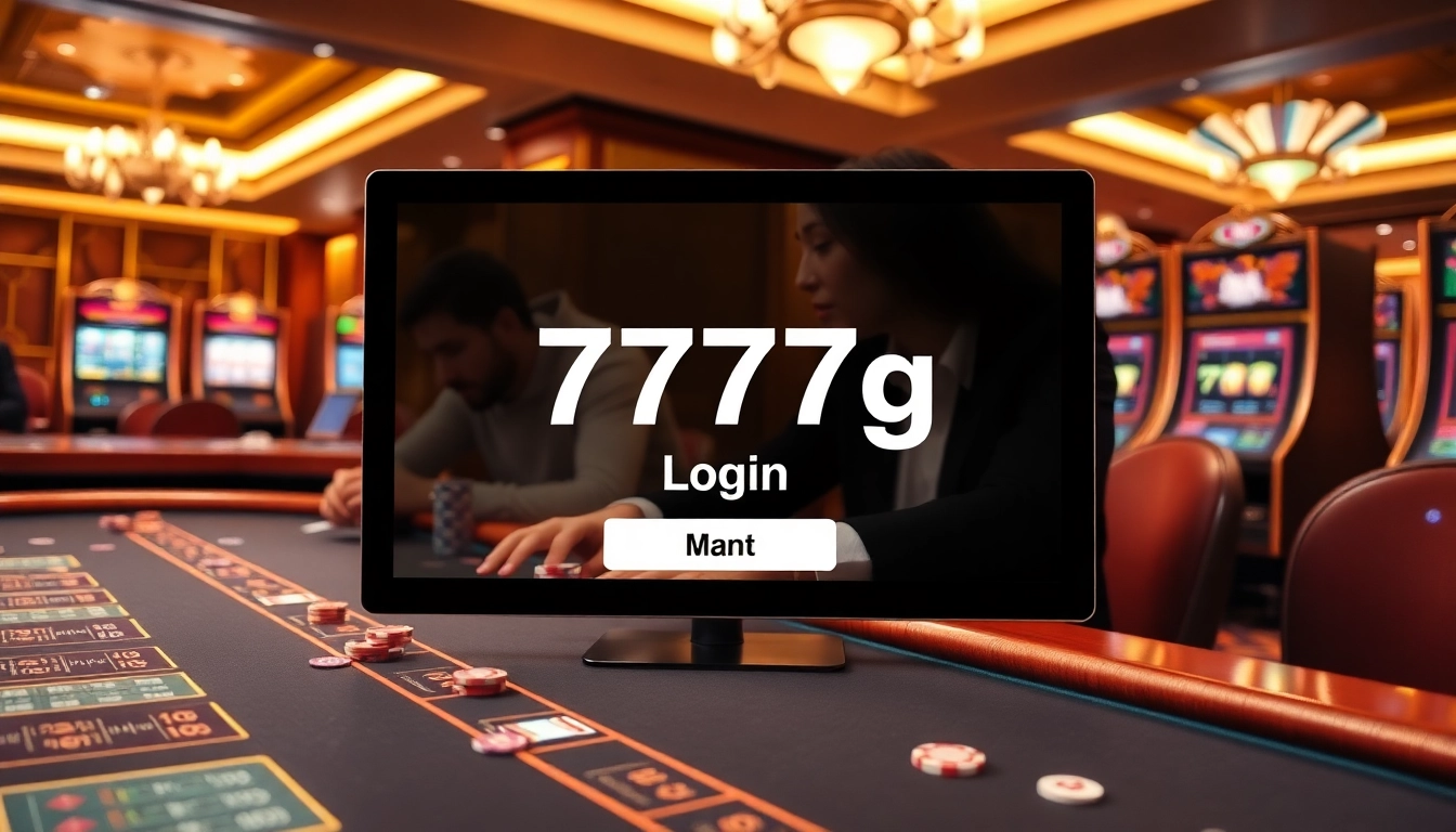 Engage with 777g Login casino interface featuring vibrant gaming elements, luxurious ambiance, and excited players.