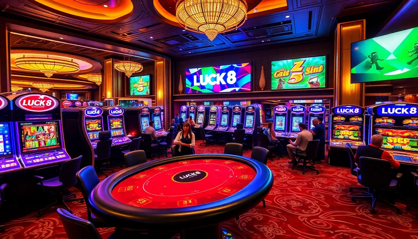 Người chơi đang tận hưởng một ván poker đầy hồi hộp tại casino LUCK8, giữa những máy xèng sống động.