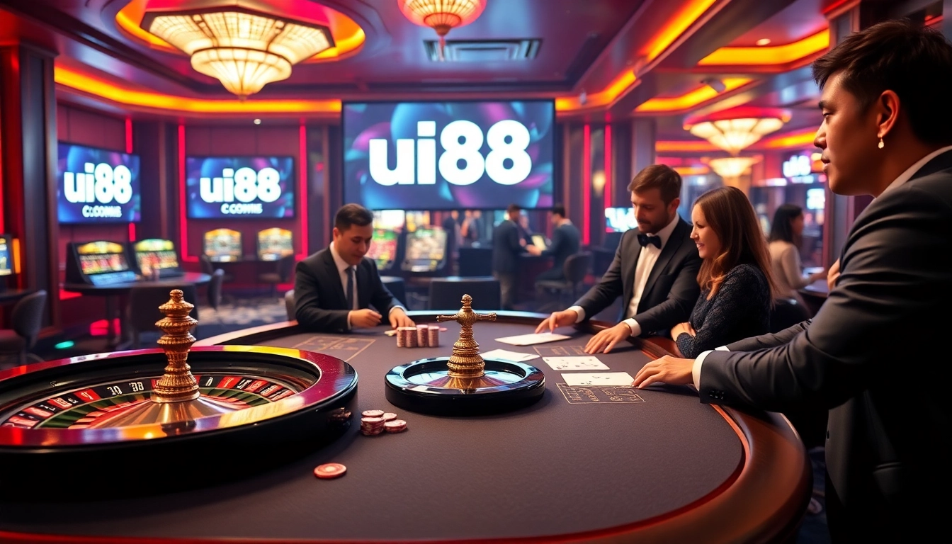 Players eagerly place bets at the uu88 com poker table in an upscale casino.