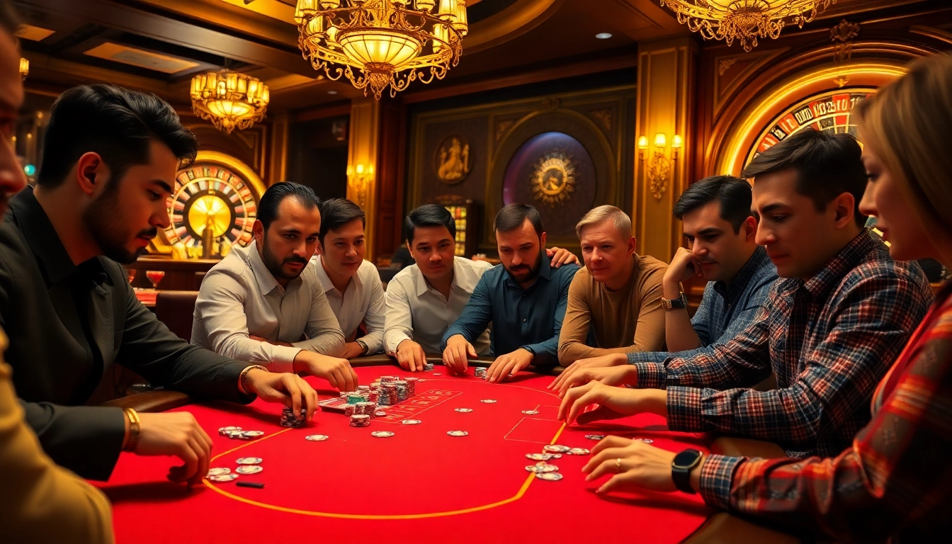 Players enjoying an exciting poker game at 789club casino, with vibrant chips and cards.