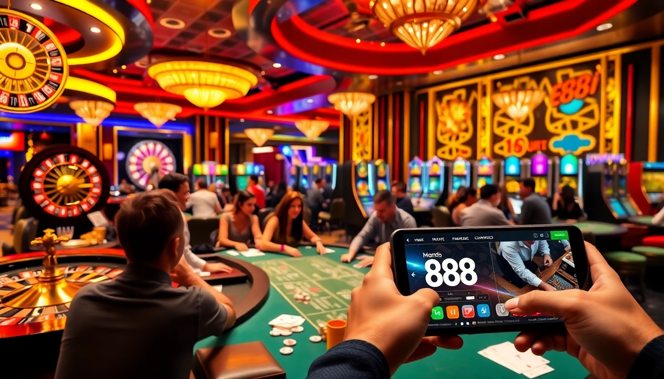 Players enjoying the thrill of 88i game at a stylish casino, with colorful slots and poker tables.