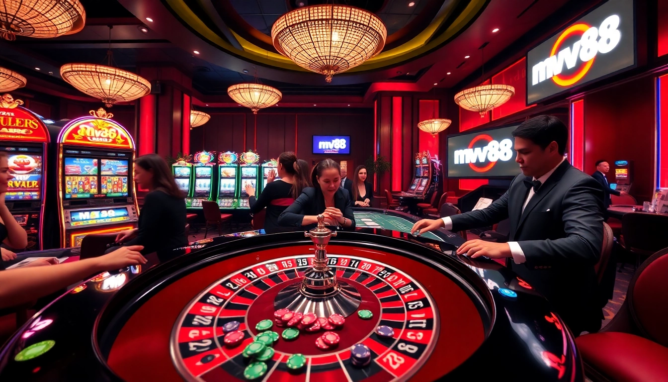 Engaging in thrilling casino gaming at mv88 with vibrant roulette and glowing slot machines.