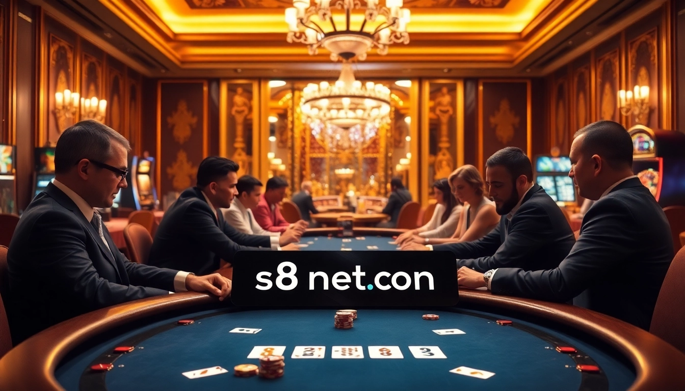 Engaged gamblers strategizing at a poker table with s8net.com displayed, highlighting luxury and excitement.