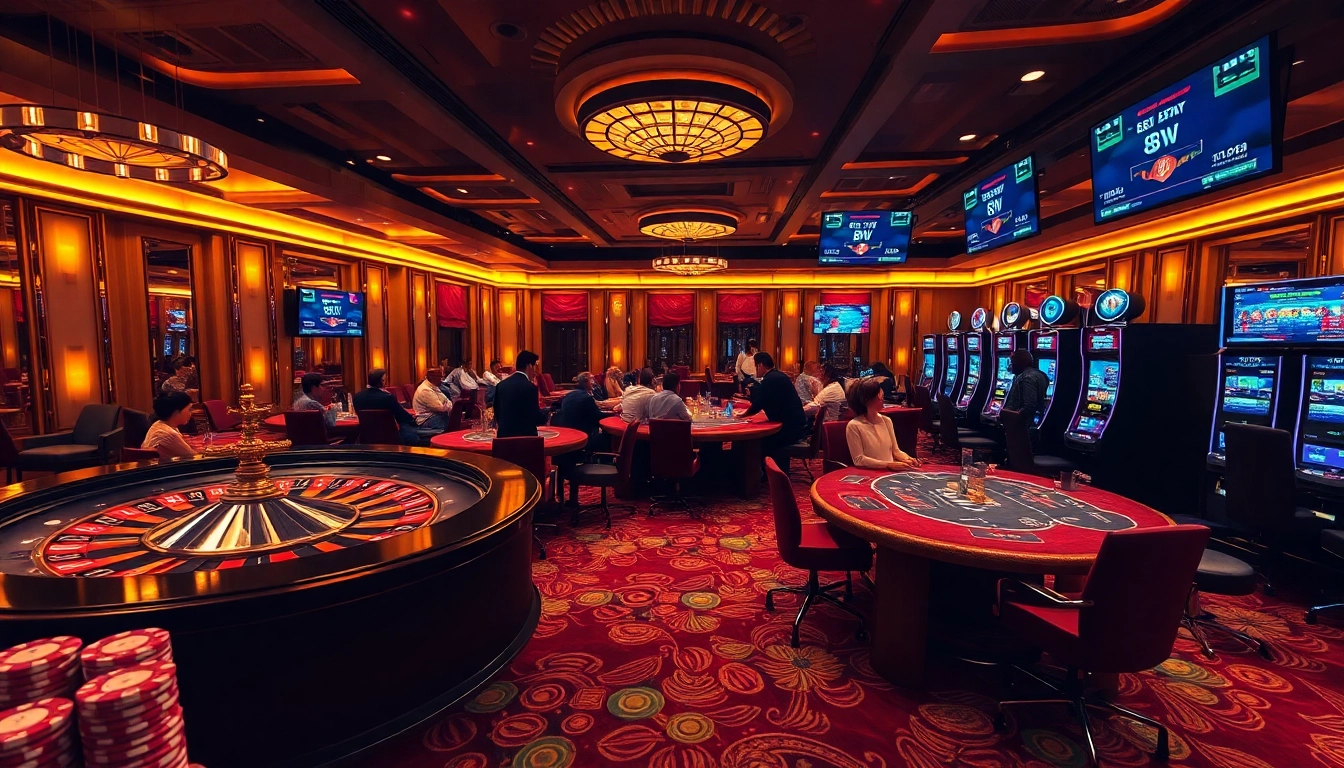Dynamic players enjoying online gaming at the casino link 88i, surrounded by vibrant poker chips and roulette wheels.