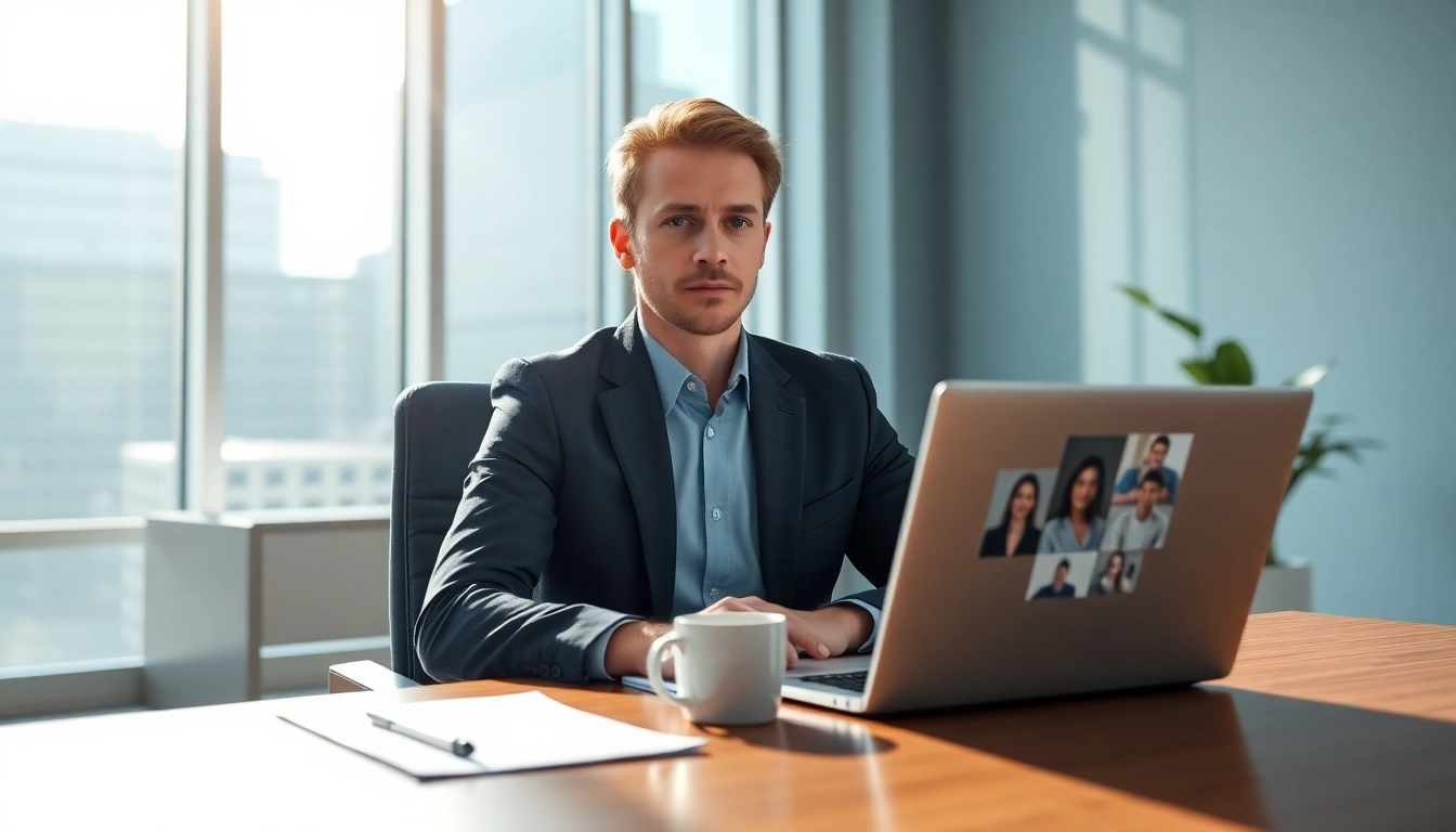 Headhunter Schweiz bei der Arbeit, umgeben von Lebensläufen und einem Laptop.