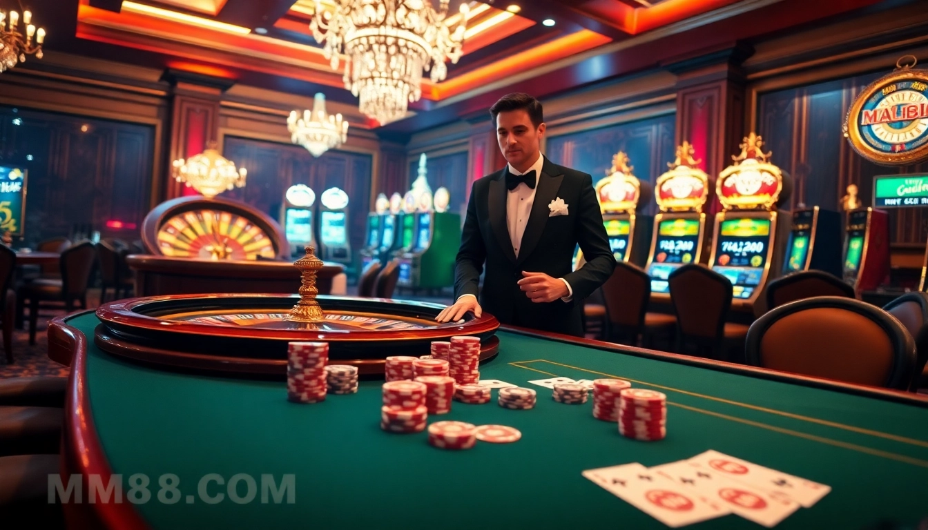 Engage in thrilling gameplay at MM88.COM's luxurious casino table with poker chips and cards.