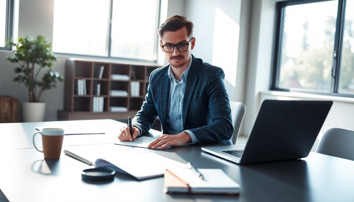 Headhunter Schweiz bei der Arbeit, umgeben von Lebensläufen und modernem Büromobiliar.