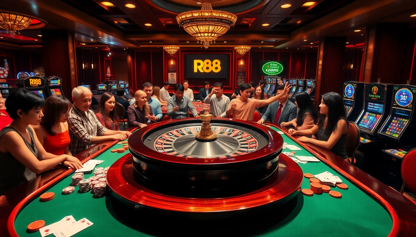 Engaged players at a luxurious RR88 casino table surrounded by vibrant chips and cards.