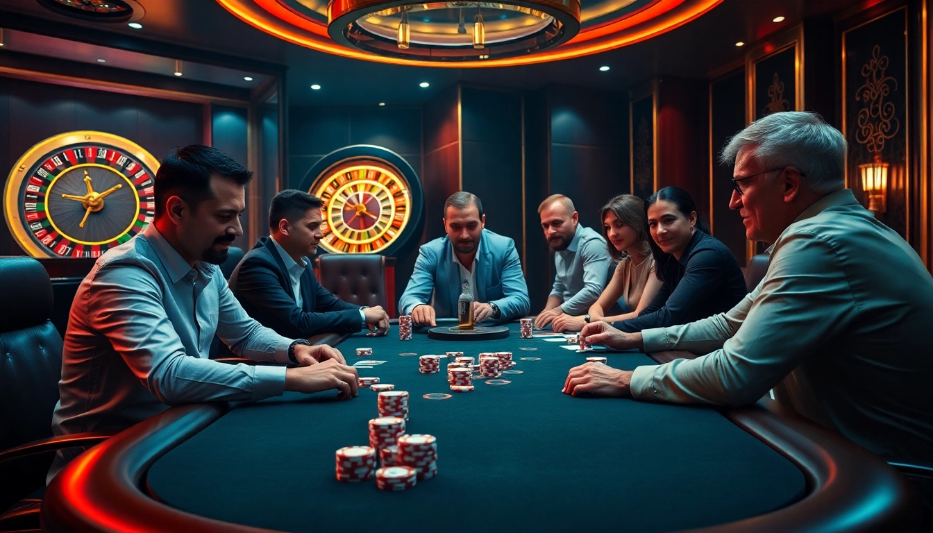 Experience the thrill of the 88i game with players at a luxurious poker table in a vibrant casino.