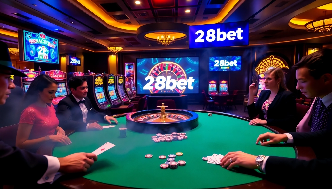 A dynamic poker game at 28bet casino, showcasing players engaged in thrilling bets and high-stake decisions.